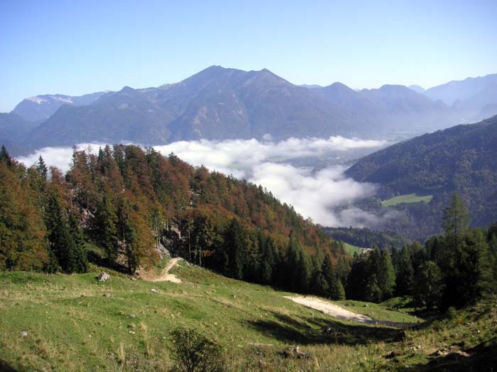 über die steile Dürntalalm hinauf, im Tal zieht der Nebel